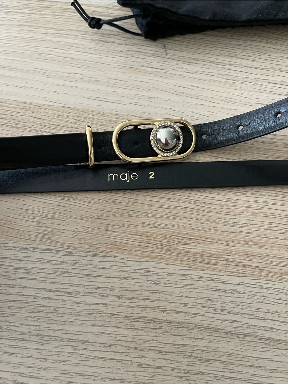 Maje Black Leather Belt with Gold-Tone Buckle